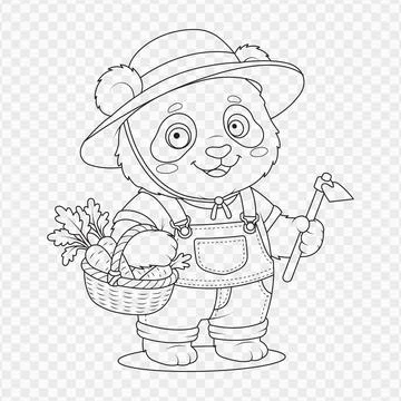Cute line art vector illustration of a panda farmer holding a vegetable bas.. Stock-Illustration