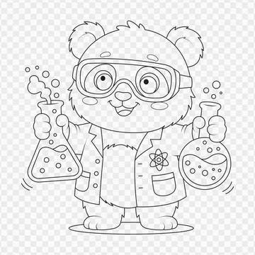 Cute line art vector illustration of a panda scientist holding chemical fla.. Stock-Illustration