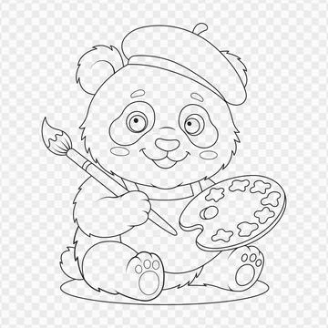 Cute line art vector illustration of an artist panda holding a paintbrush a.. Stock Illustration