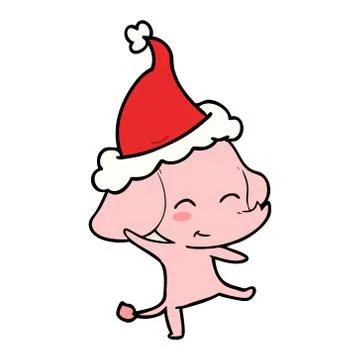 Cute line drawing of a elephant dancing wearing santa hat Stockillustratie