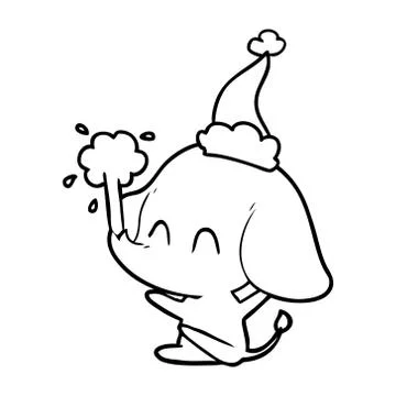 Cute line drawing of a elephant spouting water wearing santa hat Illustrazione stock