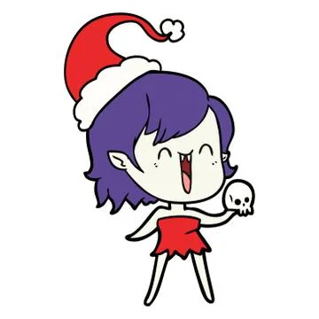 Cute line drawing of a happy vampire girl wearing santa hat 스톡 일러스트