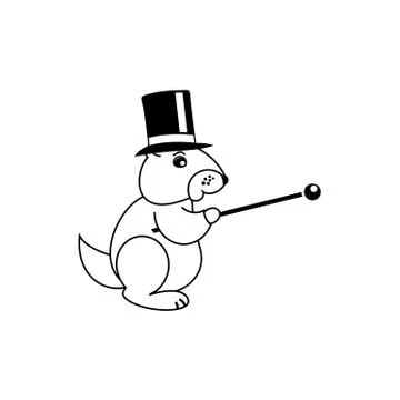 Cute line drawing Mr Groundhog with hat and stick vector illustration isolate Stock Illustration
