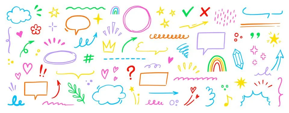 Cute line element icon set. Hand drawn heart, star, cloud brush stroke colorful Stock Illustration