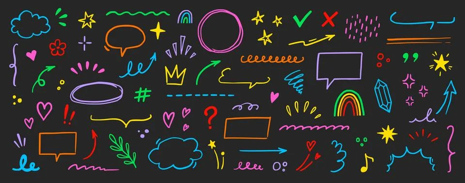 Cute line element icon set. Hand drawn heart, star, cloud brush stroke colorful Stock Illustration