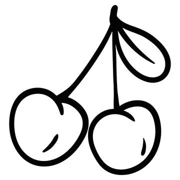 Cute linear drawing of ripe cherries on a twig with a leaf. Illustrazione stock