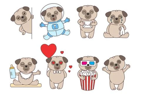 Cute linear pugs set isolated on white Stock-Illustration