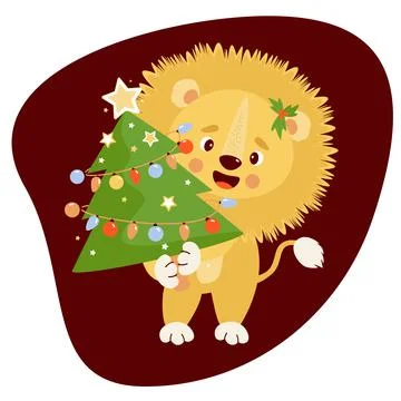 Cute lion with Christmas tree. Vector illustration. New Year character for desig Stock Illustration
