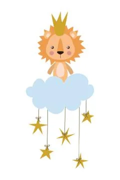 Cute lion with crown over cloud vector design イラスト素材
