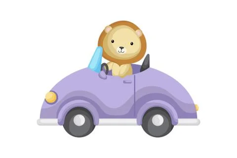Cute lion driver on car. Graphic element for childrens book, album, scrapbook Stock Illustration
