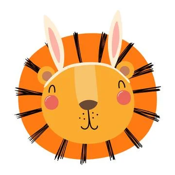 Cute lion face with Easter bunny ears character illustration Stock Illustration