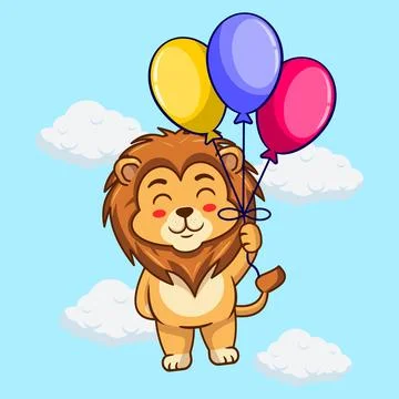 Cute Lion Flying with Balloons Vector Illustration Kawaii Animal Illustrazione stock