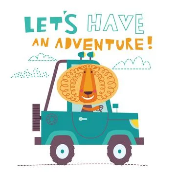 Cute lion is going by car. Vector illustration on a white background. Stock Illustration