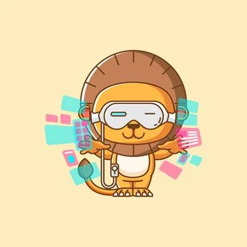 Cute lion interact virtual reality glasses vr kawaii chibi character mascot Stock Illustration