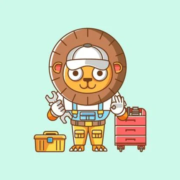 Cute lion mechanic with tool at workshop cartoon animal character mascot Illustrazione stock