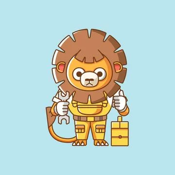 Cute lion mechanic with tool at workshop cartoon animal character mascot icon Stock Illustration