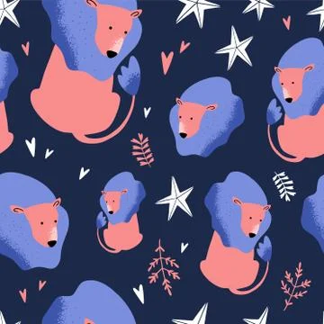 Cute Lion Pattern with Dark Blue Background and Stars. Can be used for textil Illustrazione stock
