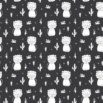 Cute Lion Seamless Pattern, Cartoon Hand Drawn Animal Doodles Vector Illustra Stock Illustration