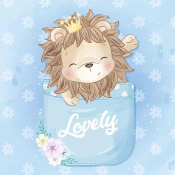 Cute lion sitting inside the pocket illustration Stock Illustration