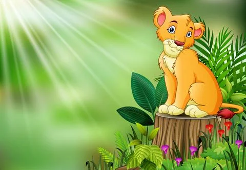 Cute a lion sitting on tree stump with green leaves and flowering plant Illustrazione stock