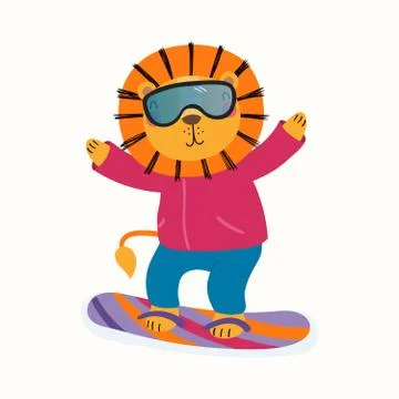 Cute lion snowboarding in winter Stock Illustration