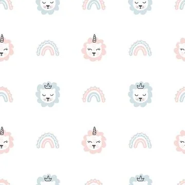 Cute lion unicorn seamless pattern vector design. Kids drawing style. Childish Illustrazione stock