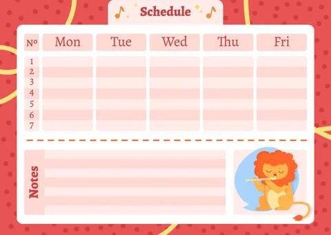 Cute Lion Weekly Schedule Planner for Kids Cartoon Template Stock Illustration