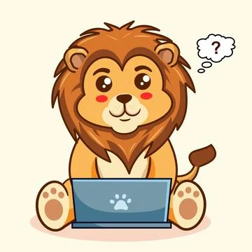 Cute Lion Working on Laptop Vector Illustration Stock Illustration