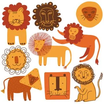 Cute Lions Set, Design Elements Can Be Used for T-shirt Print, Poster, Card 스톡 일러스트