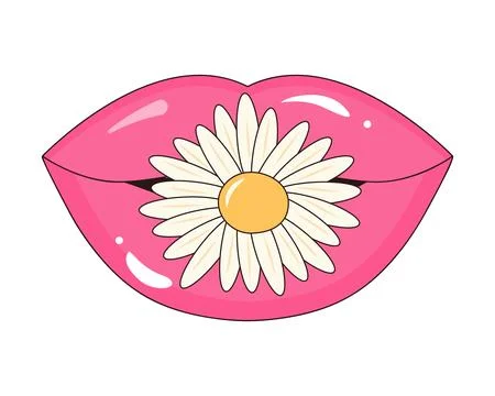 Cute lips with chamomile flower between teeth. Female open lips with daisy... Stock Illustration