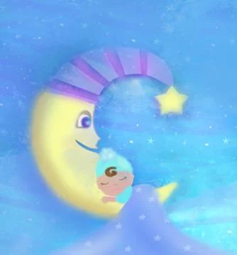 Cute little babe sleeping on moon Stock Illustration