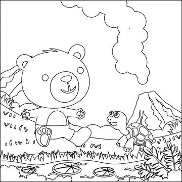 Cute little bear and turtle play around swamp.  Creative vector Childish Stock Illustration
