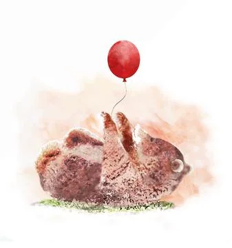 Cute little bear cub is lying in a clearing and holding a red balloon Stock Illustration