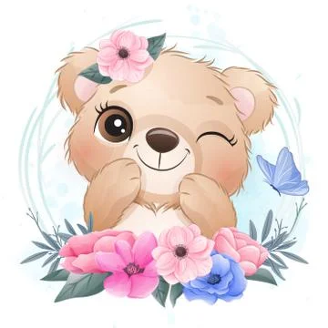 Cute little bear with floral illustration Stock Illustration