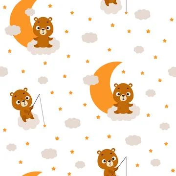 Cute little bear sitting on cloud and fishing star seamless childish patter.. Stock Illustration