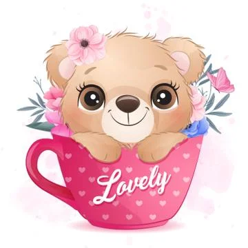 Cute little bear sitting inside cup illustration Stock Illustration