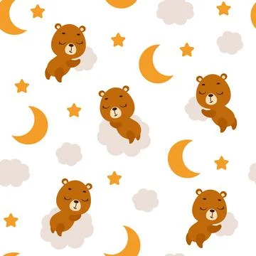 Cute little bear sleeping on cloud seamless childish pattern. Funny cartoon.. Stockillustratie