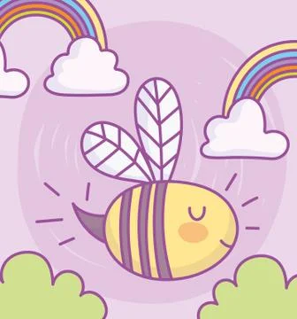 Cute little bee rainbow clouds cartoon Ilustração Stock