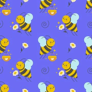 Cute little bees seamless pattern. Blue background with happy bees. Stock Illustration