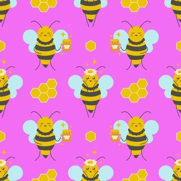 Cute little bees seamless pattern. Pink background with happy bees. Stock Illustration