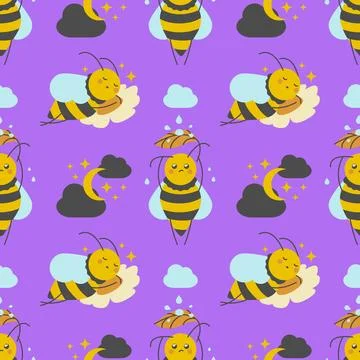 Cute little bees seamless pattern. Purple background with sleeping bees. Stock Illustration