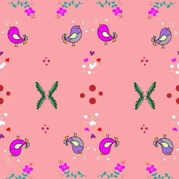 Cute Little Bird seamless pattern with flower on colorful background Vector i Stock Illustration