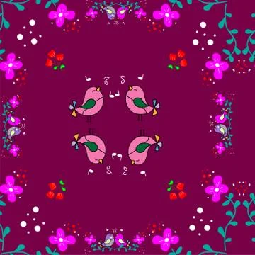 Cute Little Bird seamless pattern with flower on colorful background Vector i 스톡 일러스트