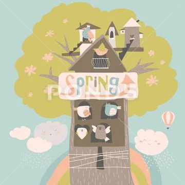 Cute little birds and birdhouse on spring tree Stock Illustrationen