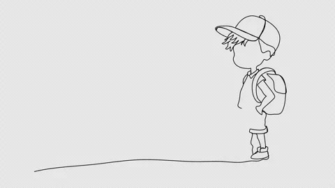 Cute little boy with a backpack. One line drawing animation with alpha channel. Stock Footage 308071315