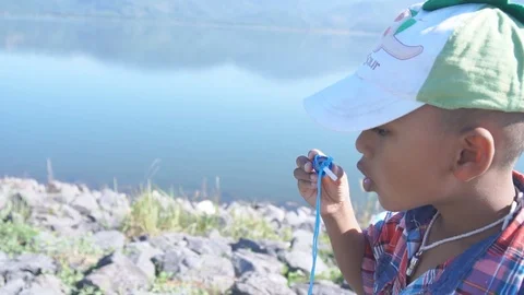 Cute little boy blowing bubble soap Stock Footage 91877688
