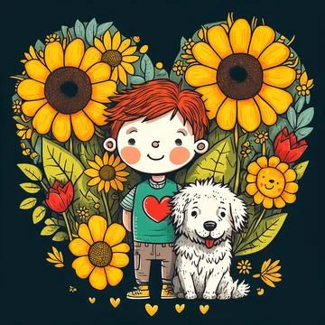 Cute little boy with a dog and sunflowers. Cartoon illustration. Stock Illustration