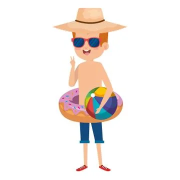 Cute little boy with donut float and beach balloon Illustrazione stock