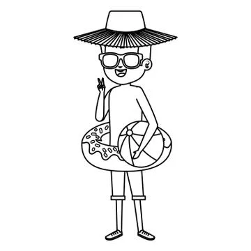 Cute little boy with donut float and beach balloon Stock Illustration
