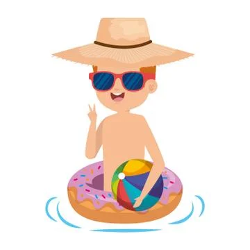 Cute little boy with donut float and beach balloon Illustrazione stock